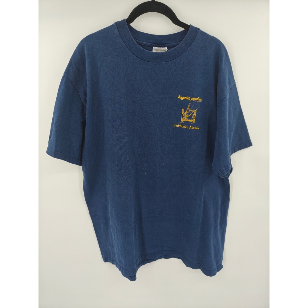 Vintage Hanes Beefy-T Alyeska Pipeline Alaska Map Graphic T-Shirt Navy XL